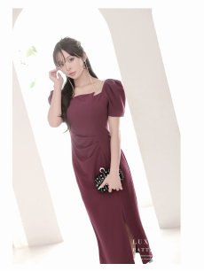 画像5: ※一部予約販売※ワンピース キャバドレス 半袖 袖付き パフ袖 膝丈 ミディ丈 DaysPiece(S/M/L/XL(2L))(ブラック/パープル) (5)
