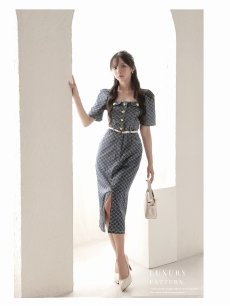 画像5: ワンピース キャバドレス デニム 膝丈 韓国ワンピース 袖付き 半袖 DaysPiece(S/M/L/XL(2L))(ブルー) (5)