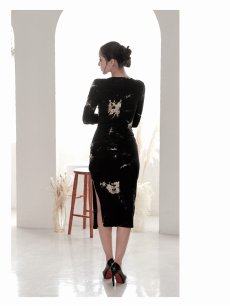 画像4: ワンピース キャバドレス タイダイ風 ストレッチ 長袖 膝丈 カシュクール DaysPiece(S/M/L/XL(2L))(ブラック) (4)