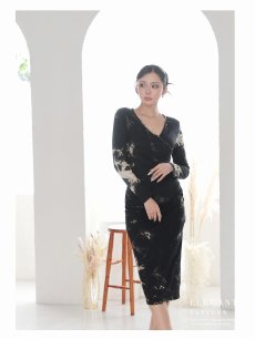 画像5: ワンピース キャバドレス タイダイ風 ストレッチ 長袖 膝丈 カシュクール DaysPiece(S/M/L/XL(2L))(ブラック) (5)