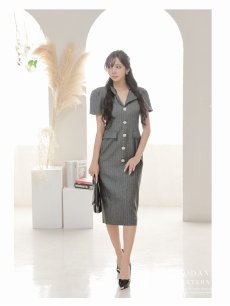 画像2: ワンピース キャバドレス ストライプ フォーマル 半袖 膝丈 袖付き DaysPiece(S/M/L/XL(2L)/XXL(3L))(グレー) (2)
