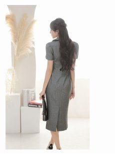 画像4: ワンピース キャバドレス ストライプ フォーマル 半袖 膝丈 袖付き DaysPiece(S/M/L/XL(2L)/XXL(3L))(グレー) (4)