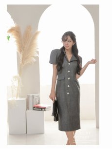 画像5: ワンピース キャバドレス ストライプ フォーマル 半袖 膝丈 袖付き DaysPiece(S/M/L/XL(2L)/XXL(3L))(グレー) (5)