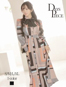 画像1: ワンピース キャバドレス ワンピース ロング 長袖 ジオメトリック ボウタイ DaysPiece(S/M/L/XL)(ブラック) (1)