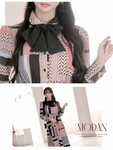 画像3: ワンピース キャバドレス ワンピース ロング 長袖 ジオメトリック ボウタイ DaysPiece(S/M/L/XL)(ブラック) (3)