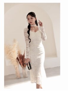 画像3: ワンピース キャバドレス 総レース 長袖 チョーカー付き ロングワンピース 韓国風 DaysPiece(S/M/L)(オフホワイト/ブラック) (3)