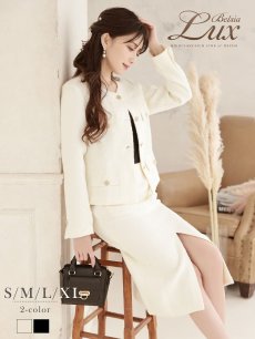 画像1: キャバスーツ ツイード セットアップ ノーカラー ホワイト 金ボタン Belsia.LUX(S/M/L/XL(2L))(ブラック/オフホワイト) (1)