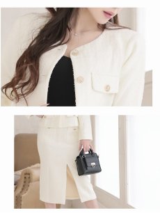 画像3: キャバスーツ ツイード セットアップ ノーカラー ホワイト 金ボタン Belsia.LUX(S/M/L/XL(2L))(ブラック/オフホワイト) (3)