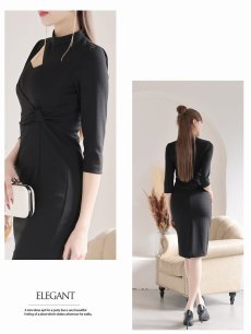 画像5: ワンピース キャバドレス アシンメトリー 七分袖 カシュクール風 控えめな露出で大人セクシー 黒ワンピース DaysPiece(S/M/L/XL(2L))(ブラック) (5)