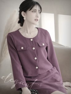 画像5: キャバスーツ セットアップ ツイード ノーカラー ゴールドボタン 長袖 Belsia(M/L/XL(2L)/XXL(3L))(パープル/ブラック) (5)