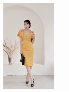 画像4: ワンピース キャバドレス 二重フリル袖でボリューム感 二の腕カバー ハイウエスト切り替え 足長 サイドギャザーでくびれみせ DaysPiece(S/M/L/XL(2L))(ブラック/イエロー) (4)