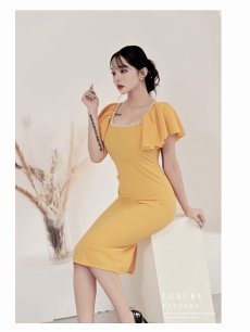 画像5: ワンピース キャバドレス 二重フリル袖でボリューム感 二の腕カバー ハイウエスト切り替え 足長 サイドギャザーでくびれみせ DaysPiece(S/M/L/XL(2L))(ブラック/イエロー) (5)