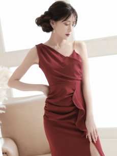 画像2: キャバドレス ロング ワンショル風 スレンダー タイトロング 深めスリット 美シルエ Belsia(S/M/L/XL(2L))(ホワイト/レッド/ブラック) (2)