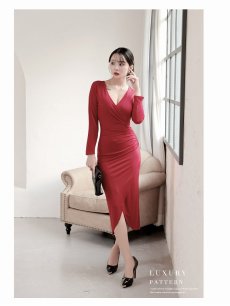 画像5: ワンピース キャバドレス 背中みせ カシュクール ストレッチジャージ素材 サイドにギャザーがたっぷり ウエスト細見せ DaysPiece(S/M/L/XL(2L))(ワイン/ブラック) (5)