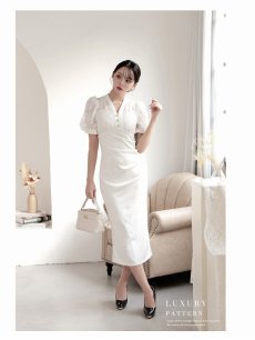 画像2: ワンピース キャバドレス ラメ刺  パフスリーブ 足長 体系カバー 謝恩会 DaysPiece(S/M/L/XL)(ホワイト) (2)
