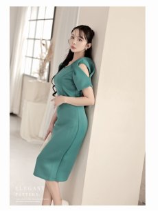 画像2: ワンピース キャバドレス カットショルダー 袖付き 厚手 ストレッチ 足長 DaysPiece(S/M/L/XL(2L)/XXL(3L))(レッド/ターコイズ) (2)