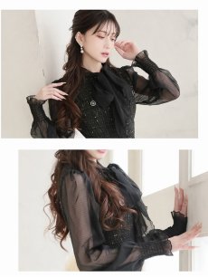 画像3: ワンピース キャバドレス 膝丈 フォーマルドレス シフォン袖 ツイード お呼ばれ Belsia(S/M/L/XL(2L))(ブラック) (3)