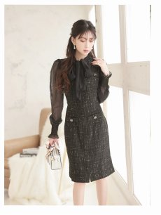 画像4: ワンピース キャバドレス 膝丈 フォーマルドレス シフォン袖 ツイード お呼ばれ Belsia(S/M/L/XL(2L))(ブラック) (4)