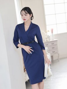 画像4: ワンピース キャバドレス カシュクール ベルト付き 七分袖 ストレッチ ショール風の襟で可愛い DaysPiece(S/M/L/XL(2L)/XXL(3L))(ブラック/ネイビー/ワイン) (4)