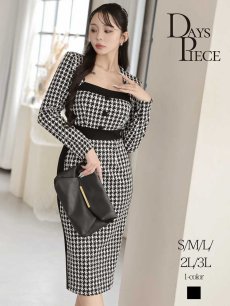 画像1: ワンピース キャバドレス 千鳥柄 韓国風 長袖 ストレッチ モノトーン DaysPiece(S/M/L/XL(2L)/XXL(3L))(ブラック) (1)