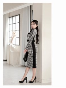 画像2: ワンピース キャバドレス 千鳥柄 韓国風 長袖 ストレッチ モノトーン DaysPiece(S/M/L/XL(2L)/XXL(3L))(ブラック) (2)