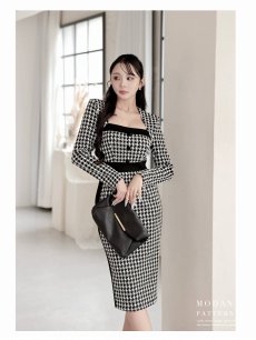 画像5: ワンピース キャバドレス 千鳥柄 韓国風 長袖 ストレッチ モノトーン DaysPiece(S/M/L/XL(2L)/XXL(3L))(ブラック) (5)