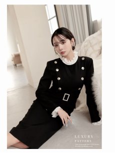 画像3: ワンピース キャバドレス レイヤード風 アコーディオンプリーツのフリルが上品 高級 ダブルボタン フェイクベルト付き DaysPiece(S/M)(ブラック) (3)