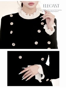 画像4: ワンピース キャバドレス レイヤード風 アコーディオンプリーツのフリルが上品 高級 ダブルボタン フェイクベルト付き DaysPiece(S/M)(ブラック) (4)