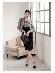 画像2: ワンピース キャバドレス 韓国ワンピース 膝丈 ハイウエスト シースルー ボウタイリボン DaysPiece(S/M/L/XL(2L))(グレー/ホワイト) (2)