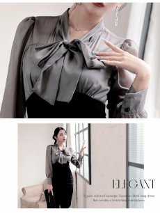 画像3: ワンピース キャバドレス 韓国ワンピース 膝丈 ハイウエスト シースルー ボウタイリボン DaysPiece(S/M/L/XL(2L))(グレー/ホワイト) (3)