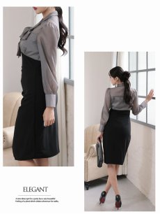 画像4: ワンピース キャバドレス 韓国ワンピース 膝丈 ハイウエスト シースルー ボウタイリボン DaysPiece(S/M/L/XL(2L))(グレー/ホワイト) (4)