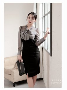 画像5: ワンピース キャバドレス 韓国ワンピース 膝丈 ハイウエスト シースルー ボウタイリボン DaysPiece(S/M/L/XL(2L))(グレー/ホワイト) (5)