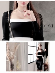 画像4: ワンピース キャバドレス 韓国風 長袖 スーパーストレッチ バイカラー 細見せ DaysPiece(XS/S/M/L/XL(2L))(ブラック) (4)
