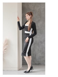 画像5: ワンピース キャバドレス 韓国風 長袖 スーパーストレッチ バイカラー 細見せ DaysPiece(XS/S/M/L/XL(2L))(ブラック) (5)