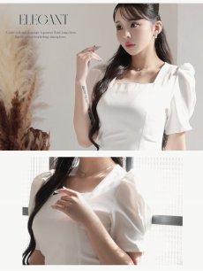 画像3: ワンピース キャバドレス 韓国風 ミディ丈 パフ袖 美デコルテ 二の腕細見せ DaysPiece(S/M/L)(ホワイト/グリーン) (3)