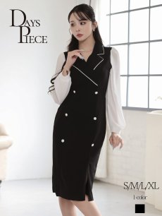 画像1: ワンピース キャバドレス 韓国風 同伴 シフォン袖 バイカラー 膝丈 DaysPiece(S/M/L/XL(2L))(ブラック) (1)