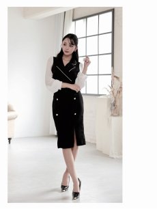 画像2: ワンピース キャバドレス 韓国風 同伴 シフォン袖 バイカラー 膝丈 DaysPiece(S/M/L/XL(2L))(ブラック) (2)