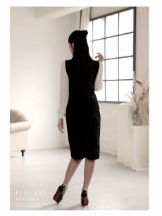 画像4: ワンピース キャバドレス 韓国風 同伴 シフォン袖 バイカラー 膝丈 DaysPiece(S/M/L/XL(2L))(ブラック) (4)