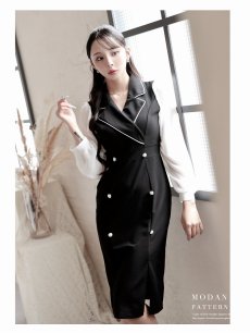 画像5: ワンピース キャバドレス 韓国風 同伴 シフォン袖 バイカラー 膝丈 DaysPiece(S/M/L/XL(2L))(ブラック) (5)