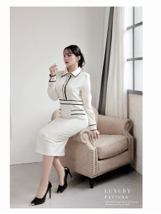 画像4: ワンピース キャバドレス 韓国風 韓国style バイカラー ミディ丈 長袖 DaysPiece(S/M/L/XL(2L))(ベージュ) (4)