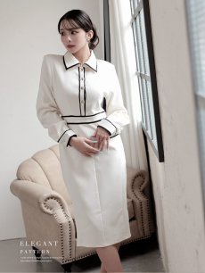 画像5: ワンピース キャバドレス 韓国風 韓国style バイカラー ミディ丈 長袖 DaysPiece(S/M/L/XL(2L))(ベージュ) (5)