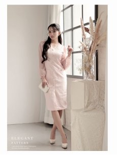 画像2: ワンピース キャバドレス 韓国風 ワッフル生地 シフォン袖  ボリューム袖 ウエストくびれ DaysPiece(S/M/L/XL(2L))(ピンク/ベージュ) (2)