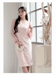 画像4: ワンピース キャバドレス 韓国風 ワッフル生地 シフォン袖  ボリューム袖 ウエストくびれ DaysPiece(S/M/L/XL(2L))(ピンク/ベージュ) (4)