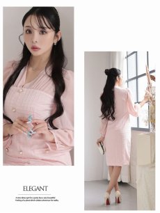 画像5: ワンピース キャバドレス 韓国風 ワッフル生地 シフォン袖  ボリューム袖 ウエストくびれ DaysPiece(S/M/L/XL(2L))(ピンク/ベージュ) (5)