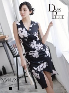 画像1: ワンピース キャバドレス 膝丈 花柄 韓国風 ノースリーブ カシュクール DaysPiece(S/M/L/XL(2L))(ブラック) (1)