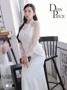 画像1: ワンピース キャバドレス マーメイドライン ボウタイリボン 長袖 二の腕カバー ミディ丈 DaysPiece(S/M/L/XL(2L))(アイボリー/ブラック/ピンク) (1)