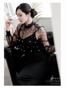 画像3: ワンピース キャバドレス 韓国ワンピース 透けメッシュ パール ストレッチメッシュ 体型カバー DaysPiece(S/M/L/XL(2L)/XXL(3L))(ブラック) (3)