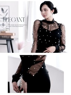 画像5: ワンピース キャバドレス 韓国ワンピース 透けメッシュ パール ストレッチメッシュ 体型カバー DaysPiece(S/M/L/XL(2L)/XXL(3L))(ブラック) (5)
