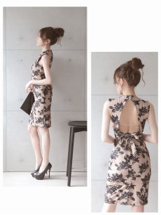 画像5: ワンピース キャバドレス ストレッチ 厚手で高級感 ウエスト肌見せ モノトーン 花柄 Belsia(S/M/L/XL(2L))(ベージュ) (5)