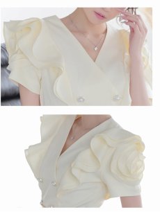 画像3: ワンピース キャバドレス 同伴 膝丈 上質生地 フリル襟 小顔効果 Belsia(S/M/L/XL(2L))(アイボリー) (3)
